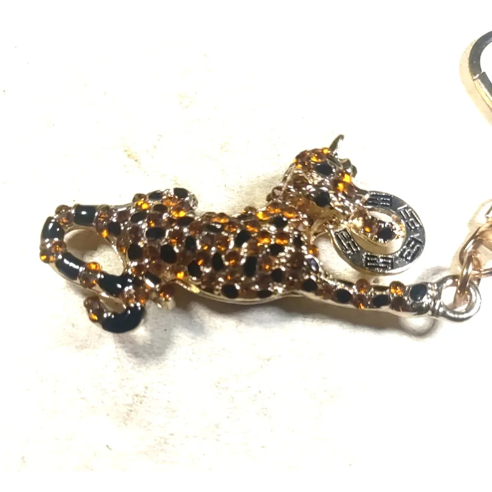 Leopard Keychain Gold Tone Brown Orange Rhinestone Gold Tone Purse Clip
